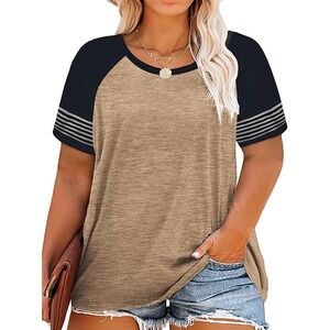 AURISSY Plus Size Tops for Women Short Sleeve Khaki T Shirt Casual Tunics 2X-18W